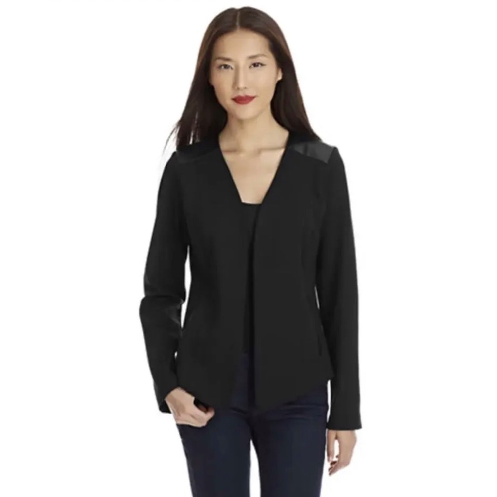 Eileen Fisher | Leather Shoulder Open Front Stretch Knit Blazer Jacket Size S